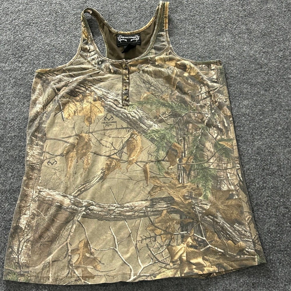 Realtree Tank Top Womens Size L Brown Camo Henley Racerback Sleeveless Outdoor